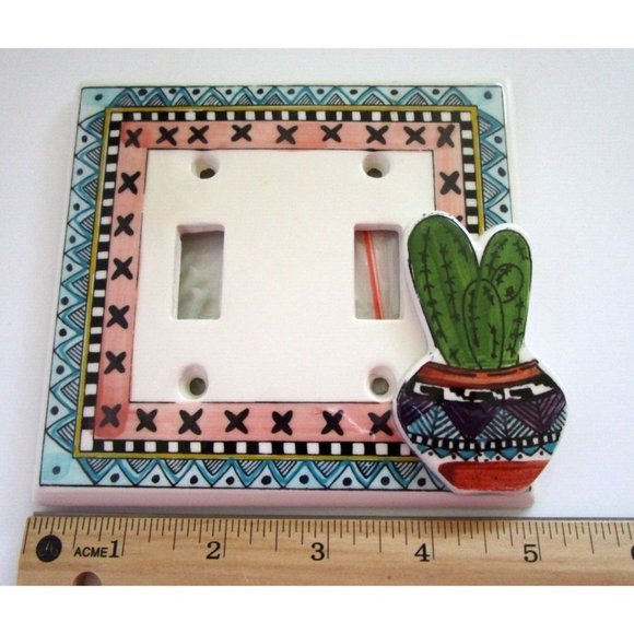 All Fired Up Handpainted Ceramic Double Electrical Outlet Switch Plate - Cactus - Picture 12 of 13
